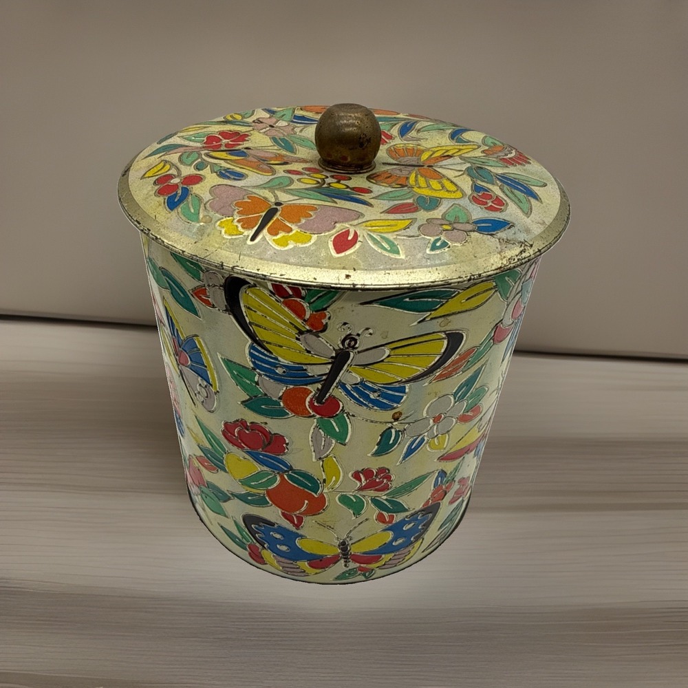 Vintage Floral Butterfly Daher Metal Tea Tin MCM Made In England Retro 6.5"